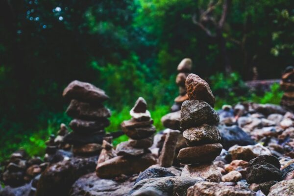 Zen garden featuring balanced rocks in a lush, tranquil forest setting.